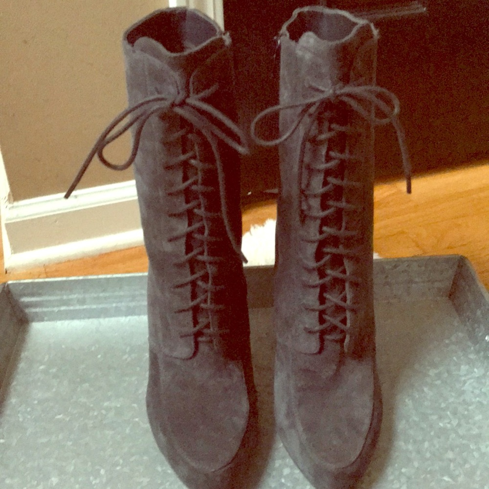 Gray suede lace up booties